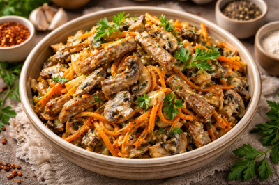 Лью горячее масло со специями на морковь: вкусный салат со свининой и овощами &mdash; простой, но очень интересный рецепт