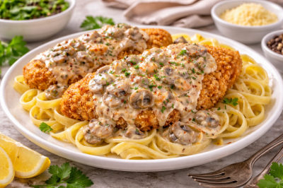 Хрустящая курица с грибным соусом — румяная, под сливочной «шапкой»
